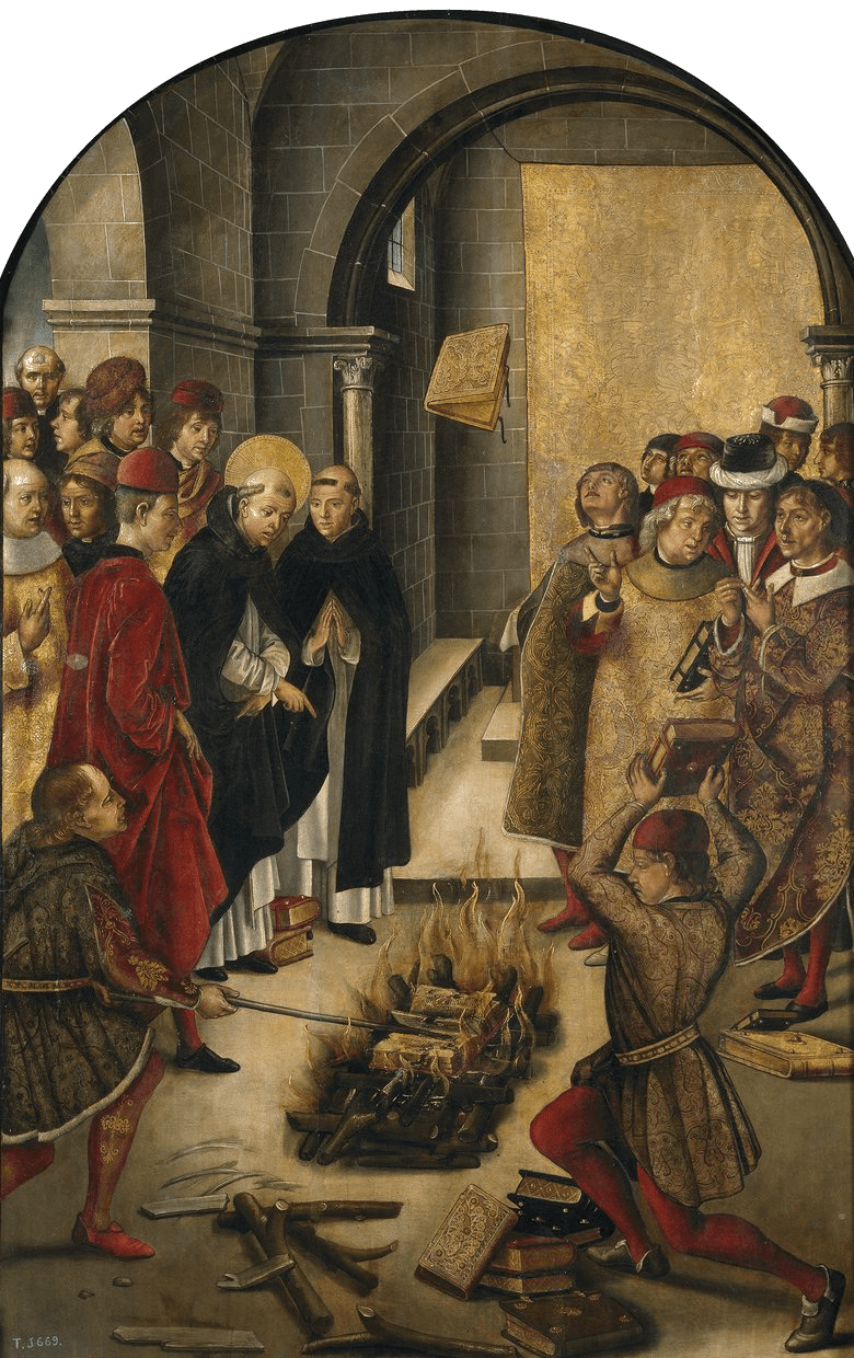 Pintura de una disputa: libros volando por el aire hacia el fuego mientras eruditos y clérigos observan