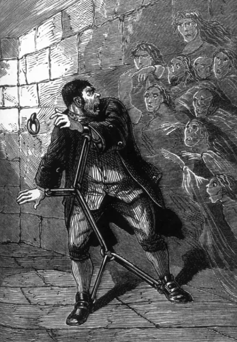 An engraving shows a man restrained in stocks as shadowy figures gather around him.