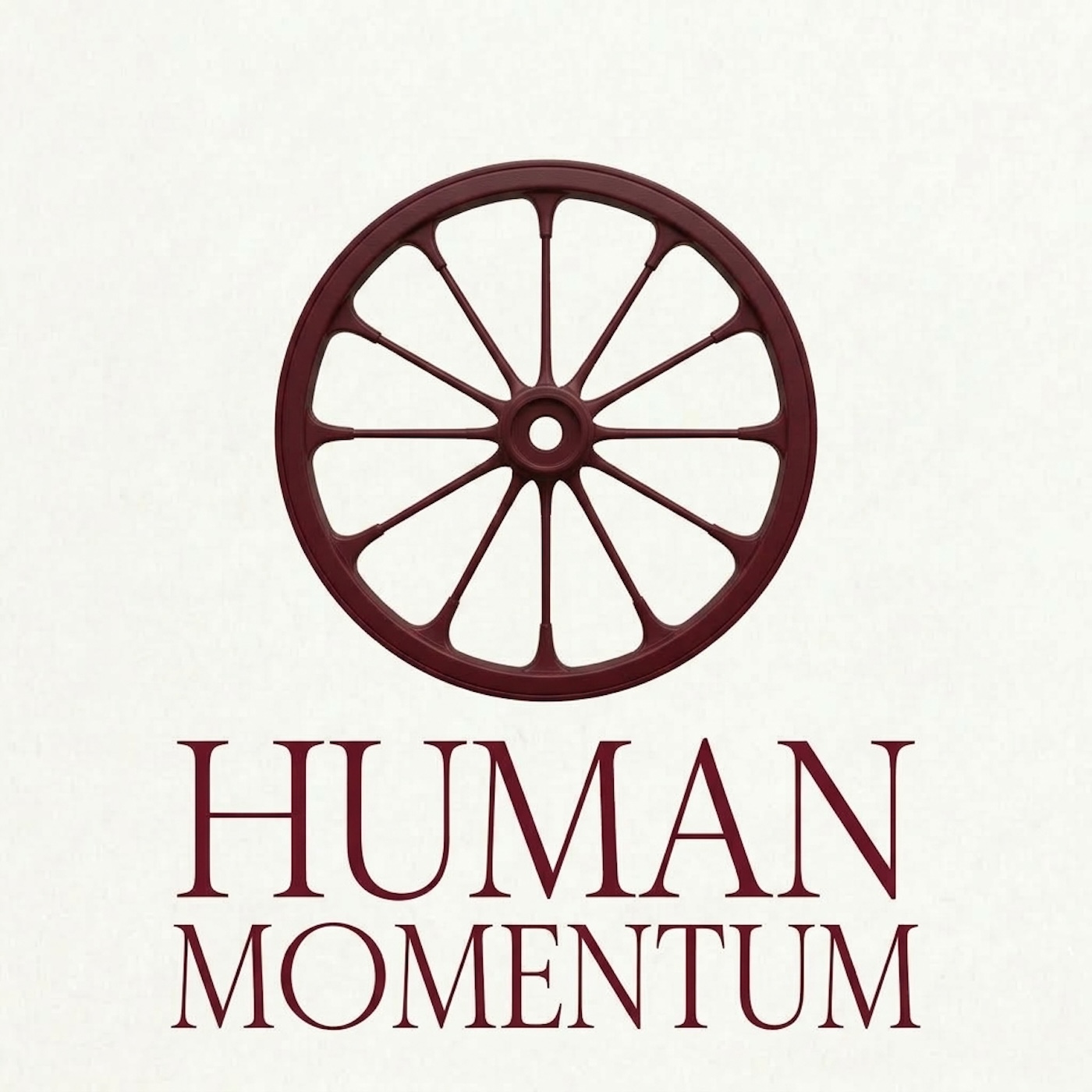 Human Momentum podcast logo featuring a maroon spoked wheel