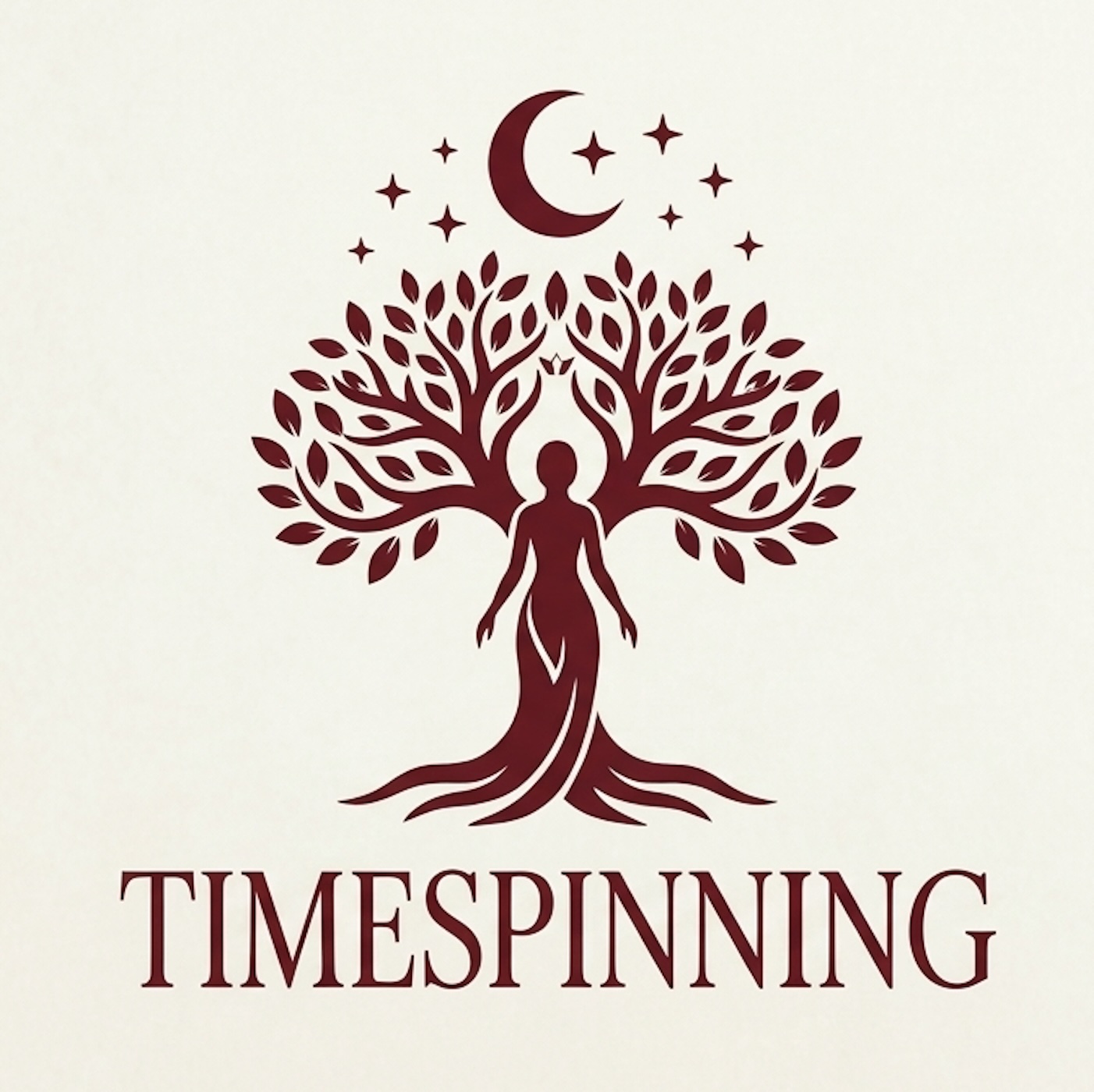Logo del podcast Timespinning con un árbol estilizado con una figura femenina como tronco, luna creciente y estrellas